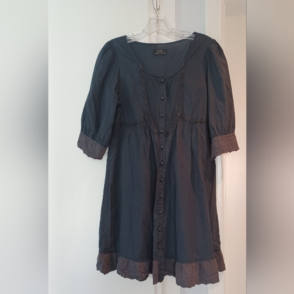 Iori M Faded Black Ruffle Button-Up Lace Pintuck Detail Two-Tone Trim Midi Dress